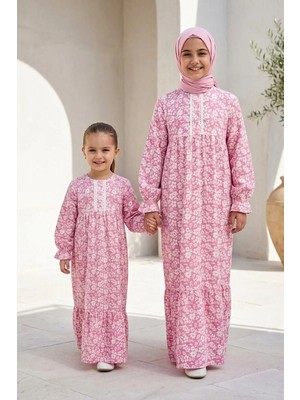 Betül Akbay Kız Çocuk Tesettür Elbise - Pamuklu Viskon Zümra Model Tam Boy Pembe