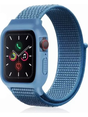 Naturion Newface Apple Watch 38MM Hasırlı Cırtcırtlı Kasalı Kordon - Mavi