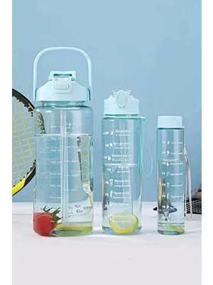 Safestore Mavi 3 Lü Set Şeffaf Motivasyon Su Matarası 2800 ml Tritan Plastik Su Şişesi