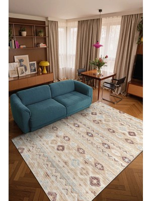 Cotto Home Ipeksi IP013R Renkli Geometrik Desen Pamuk Taban Dayanaklı Salon Mutfak Halısı Tozu Yok