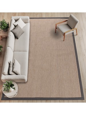Carpet Diem Home Design Dokuma Balık Sırtı Sisal Kolay Temizlenir Mutfak Antre Oturma Odası Kumaş Bordürlü Özel Bej Halı