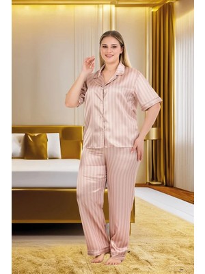 Aria's Closet Büyük Beden Şık Tasarım Vizon Çizgili Düğmeli Kısa Kol Lüx Saten Pijama Takımı