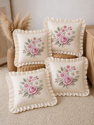 YUNUSOĞLU HOME 4'lü Fırfırlı Çiçek Desenli Dekoratif Kırlent Kılıfı %100 Pamuk Organik Boya Baskılı 45X45 cm