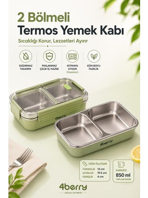 4Berry 2 Bölmeli Termos Yemek Kabı – Sızdırmaz Kapaklı, Paslanmaz Çelik Iç Hazneli, 850 ml - Yeşil