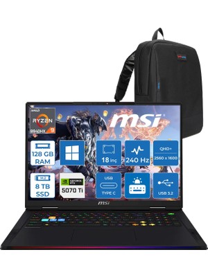 MSI Msı Raıder A18 Hx A8WHG-280TR Amd Ryzen 9 8940HX 128GB Ddr5 8tb SSD Rtx 5070 Ti 12GB Gddr7 140W Windows 11 Home 18” Qhd+ (2560X1600) 240Hz Ips-Level Oyuncu Bilgisayarı 280TRH30 + Zetta Çanta