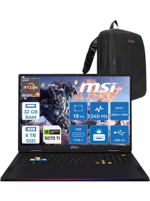 MSI Msı Raıder A18 Hx A8WHG-280TR Amd Ryzen 9 8940HX 32GB Ddr5 6tb SSD Rtx 5070 Ti 12GB Gddr7 140W Freedos 18” Qhd+ (2560X1600) 240Hz Ips-Level Oyuncu Bilgisayarı 280TRF04 + Zetta Çanta