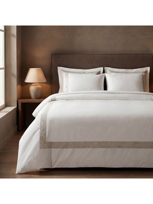 Ecocotton Luna Çift Kişilik Nevresim Takımı %100 Organik Pamuk Saten Keten Çerçeveli Krem 200X220 cm