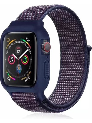 Naturion Newface Apple Watch 38MM Hasırlı Cırtcırtlı Kasalı Kordon - Lacivert-Mürdüm