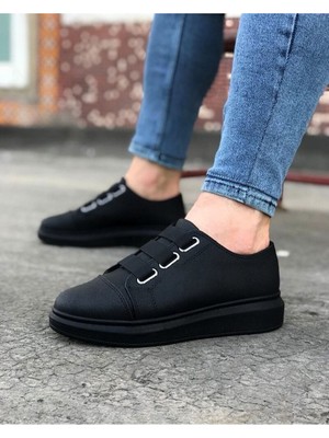 Ebrus Trend JET-026 Astor Erkek Günlük Lastikli Cilt Spor Sneaker Ayakkabı CST - Siyah