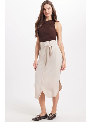 Tudors Kadın Slim Fit Dar Kesim Pileli Pamuklu Ön Düğme Kapamalı Kuşaklı Yırtmaçlı Taş Etek 