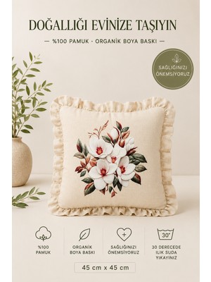 YUNUSOĞLU HOME Fırfırlı Çiçek Desenli Dekoratif Kırlent Kılıfı %100 Pamuk Organik Boya Baskılı 45X45 cm