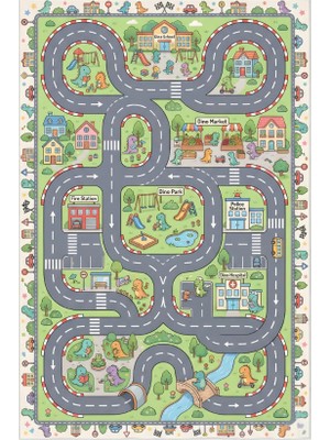 Kartela Halı Dino Kasaba Kaymaz Taban Çocuk Oyun Halısı - 60 x 90 cm