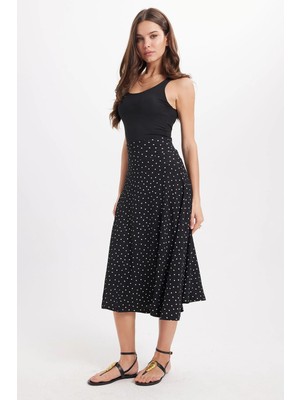 Tudors Kadın Slim Fit Dar Kesim Yüksek Bel Puantiyeli Pamuklu Siyah Etek 