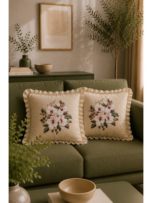 YUNUSOĞLU HOME 2'li Fırfırlı Çiçek Desenli Dekoratif Kırlent Kılıfı %100 Pamuk Organik Boya Baskılı 45X45 cm