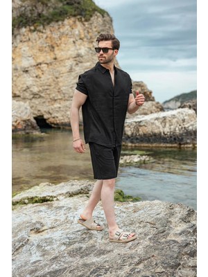 Madmext Siyah Keten Görünümlü Relax Fit Erkek Gömlek Şort Takım E7364