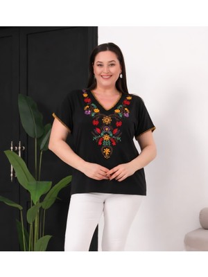 Arzu Has Butik Büyük Beden Çiçek Nakışlı V Yaka Bluz