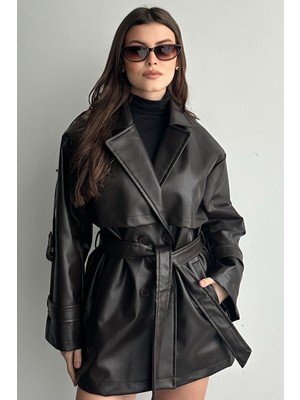 Moda Armanc Kadın Kruvaze Deri Ceket - Yeni Sezon Kuşaklı Düğmeli Trenç Ceket
