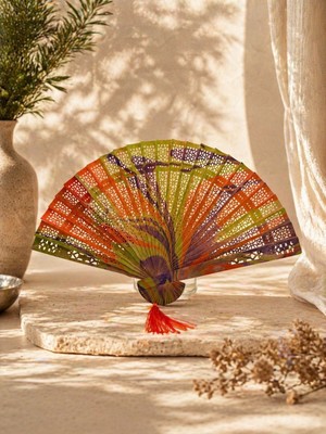 Muguetarts %100 El Yapımı Geleneksel Ebru Sanatı Katlanır Ahşap Yelpaze 20 cm