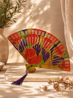 Muguetarts %100 El Yapımı Geleneksel Ebru Sanatı Katlanır Ahşap Yelpaze 20 cm