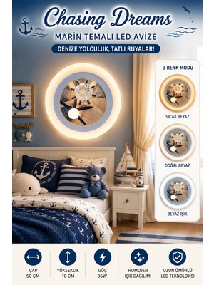 Mars Concept Çocuk Odası Denizci Temalı LED Tavan  & Duvar  Lambası  50CM │ 3 Renk  Işık - Günışığı / Sarı / Beyaz