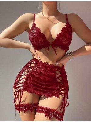 Çamaşır Kenti Bordo Transparan Dantel Işlemeli Ip Detaylı Fantezi Takım