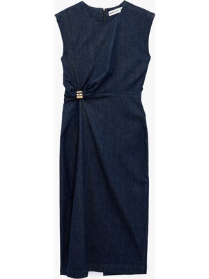 Koton Metal Aksesuarlı Kolsuz Bisiklet Yaka Midi Denim Elbise
