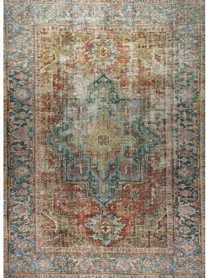 Pera Halı Terracotta ve Adaçayı Yeşili Eskitme Desenli Vintage Halı - T0808OU
