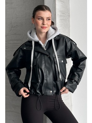 Moda Armanc Kadın Kapüşonlu Kahverengi Deri Ceket Oversize Crop Hoodie Detaylı Kol Kemerli