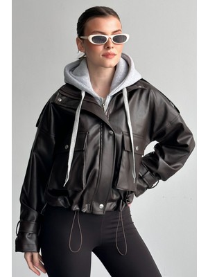 Moda Armanc Kadın Kapüşonlu Kahverengi Deri Ceket Oversize Crop Hoodie Detaylı Kol Kemerli