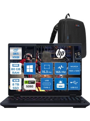 Hp Hyperx Omen 15-GA0004NT Intel Core I5 14450HX 80GB Ddr5 8tb SSD Geforce RTX5060 8gb Windows 11 Pro 15.3" Wuxga (1920X1200) IPS 300NITS 165Hz Oyuncu Bilgisayarı HOD2TT1EAP42 + Zetta Çanta