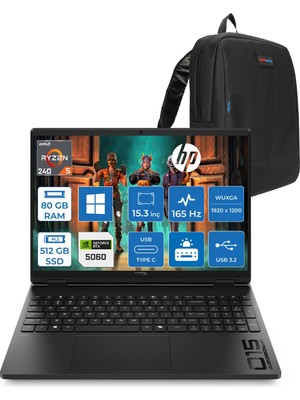 Hp Hyperx Omen 15 Amd Ryzen 5 240 80GB Ddr5 512GB SSD Geforce RTX5060 8gb Windows 11 Home 15.3" Wuxga (1920X1200) IPS 300NITS 165Hz Oyuncu Bilgisayarı HOD2QW3EAH37 + Zetta Çanta
