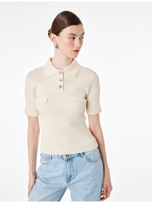 Koton Slim Fit Yarım Düğme Detaylı Kısa Kollu Polo Yaka Triko Kazak