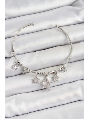 Frefly Store Pirinç Zirkon Taşlı Yıldız Model Gümüş Renk Charm Bileklik