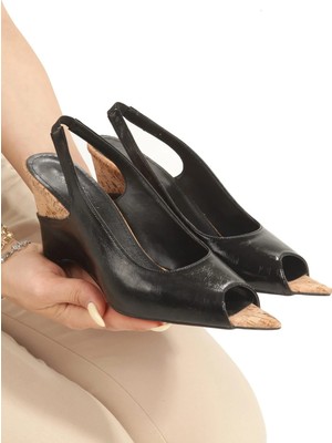 Asmi Shoes Kadın Feta Siyah Rugan 7 cm Topuklu Arkası Açık Ayakkabı
