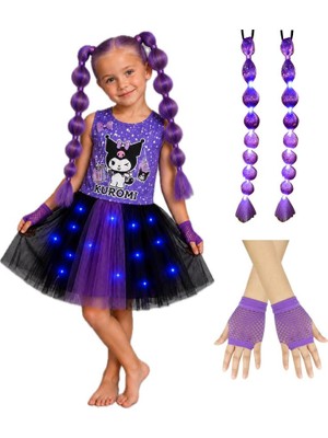 3b Kids Kuromi Kostüm Elbise Işıklı Kostüm Penye Elbise Kuromi Babble Saç Peruk Mor Eldiven Kostüm Doğum Günü Parti Seti
