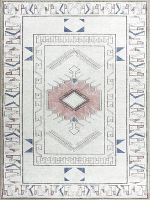 Pera Halı Beyaz ve Pastel Tonlu Geometrik Medalyonlu Kilim Halı - H0057OU