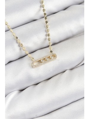 Evimdeyokyok Pirinç Zirkon Taşlı Messika Model Ezme Zincir Gold Renk Kadın Kolye - TJ-BKO10391 Tdrtr