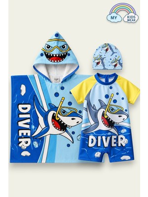 My Kids Wear Erkek Çocuk Deniz Kombini 2’li Set – Mayo, Havlu ve Bone 12753