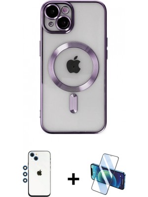 Marsilyan™- iPhone 14 Kılıf Nova Işık Özel Seri - Siyah 3D Antistatik Cam Ekran Koruyucu + Shine Kamera Lens - Mı
