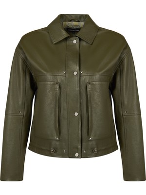Derimod Madlen Kadın Yeşil Oversize Deri Ceket 26SGD5633S7