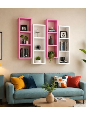 Duvar Rafı Kitaplık Modern 4 Lü Takım Mobilya Pembe Beyaz