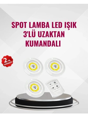 sbodurhome 3 Lü Pilli Kablosuz LED Spot Lamba Seti Kumandalı Kolay Montaj Aydınlatma