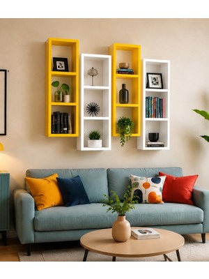Duvar Rafı Kitaplık Modern 4 Lü Takım Mobilya Sarı Beyaz
