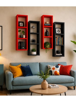 Duvar Rafı Kitaplık Modern 4 Lü Takım Mobilya Kırmızı Siyah