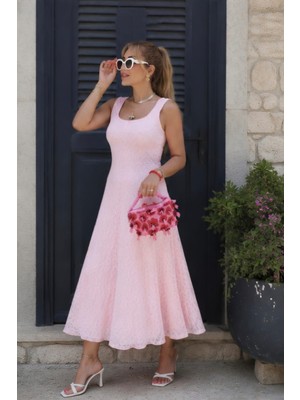 Qimya Butik Buketli Kadın Kare Yaka Kolsuz Astarlı Uzun Dantel Elbise