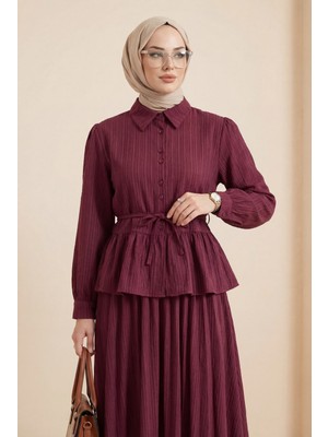 Moda Morfo Eteği Fırfırlı Düğmeli Beli Bağcıklı Etekli Takım  -Bordo