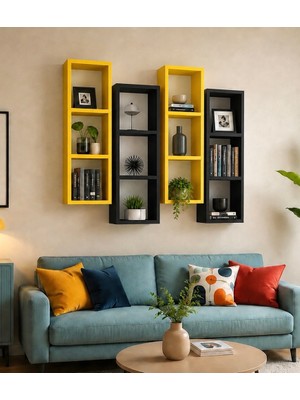 Duvar Rafı Kitaplık Modern 4 Lü Takım Mobilya Sarı Siyah