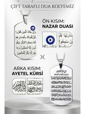 Takı Dükkanı Nazar ve Ayetel Kürsi Dualı Çift Taraflı Paslanmaz Unisex Çelik Kolye Künye ECK64