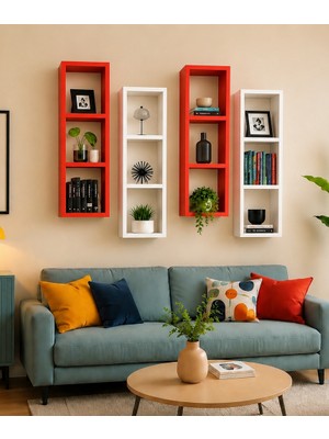 Duvar Rafı Kitaplık Modern 4 Lü Takım Mobilya Kırmızı Beyaz