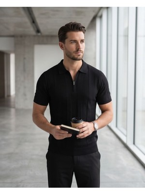 Sunmax Erkek Polo Yaka Fermuarlı Şerit Desenli Triko T-Shirt